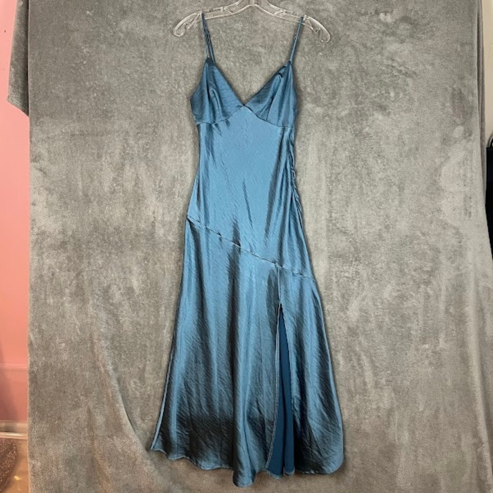 Here Comes the Sun Satin Midi Slip Dress Womens XS Slit Wedding Guest Bridesmaid
